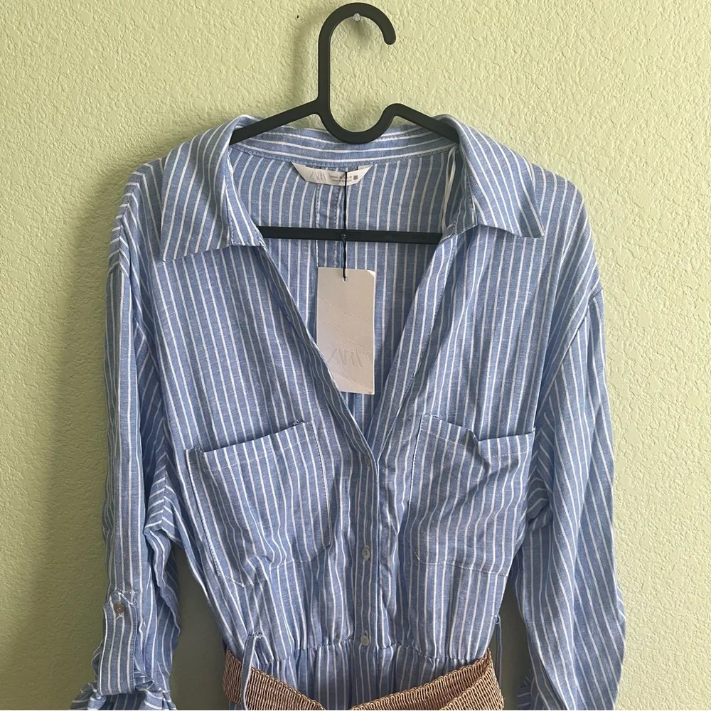 Zara Belted Linen Midi Shirt Dress V-Neck Tab Sleeve Striped Blue White Size XL
